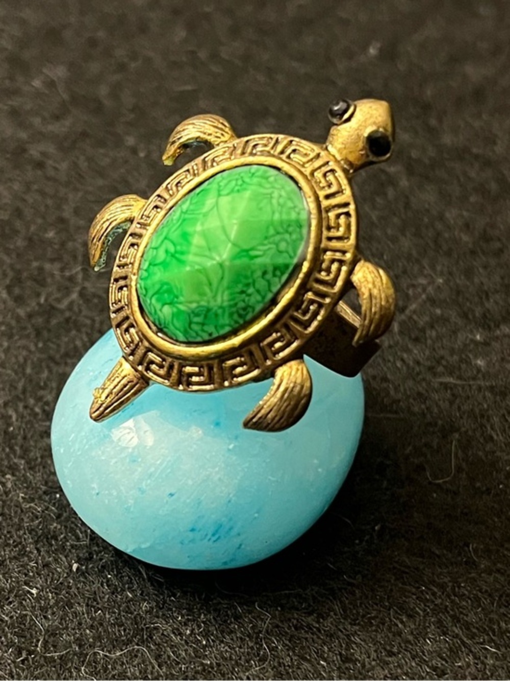 Vintage Turtle Ring with Green Faceted Stone and Antique Gold Finish Adjustable
